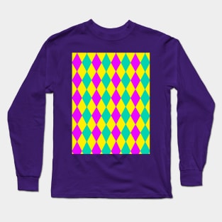 Teal, Purple Yellow Mardi Gras Diamond Harlequin Pattern Long Sleeve T-Shirt